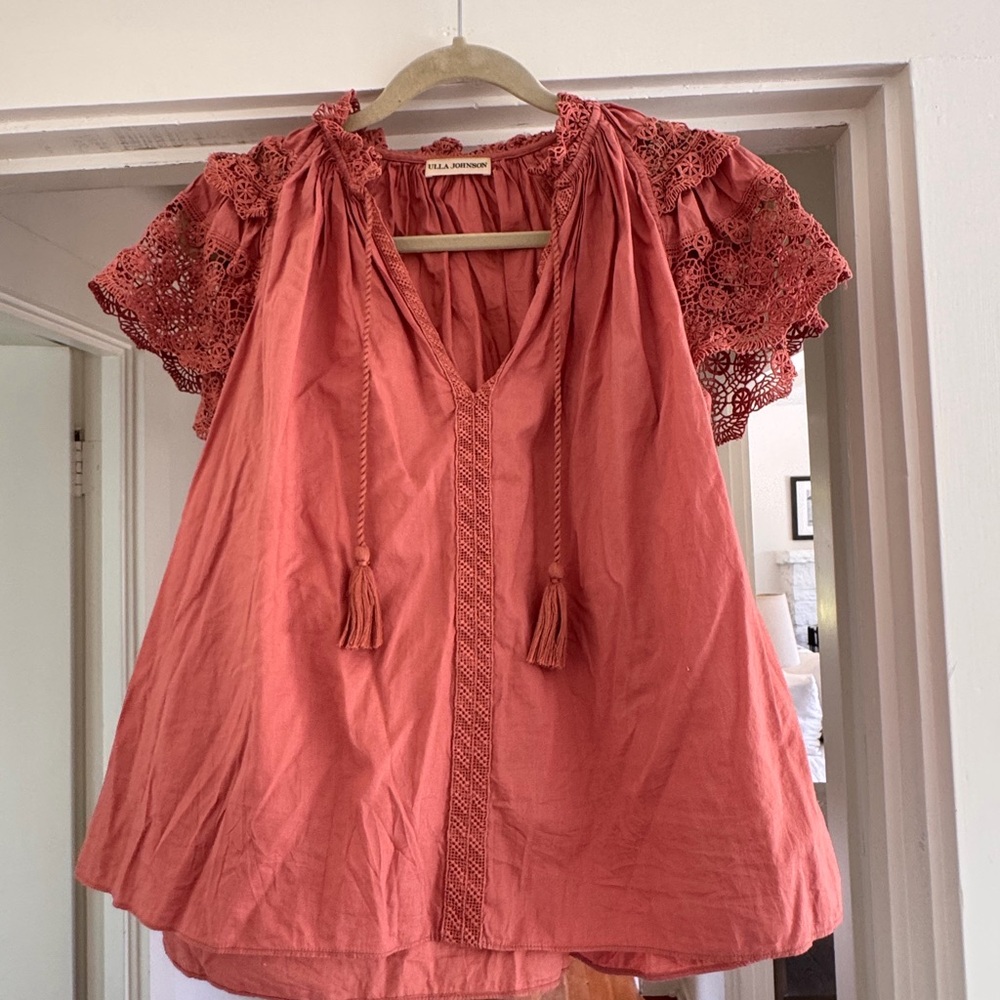 Ulla Johnson Elsie Crochet Lace-Sleeve Tassel Tie Blouse
